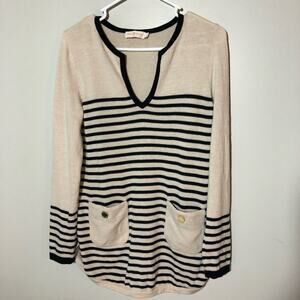 Tory Burch womens M merino wool long sleeve v neck navy cream striped sweater